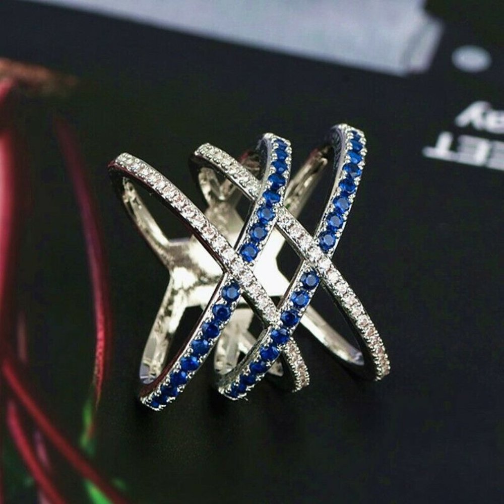 FIRM  Blue Criss-Cross Sapphire .925 Silver Ring - Picture 4 of 5